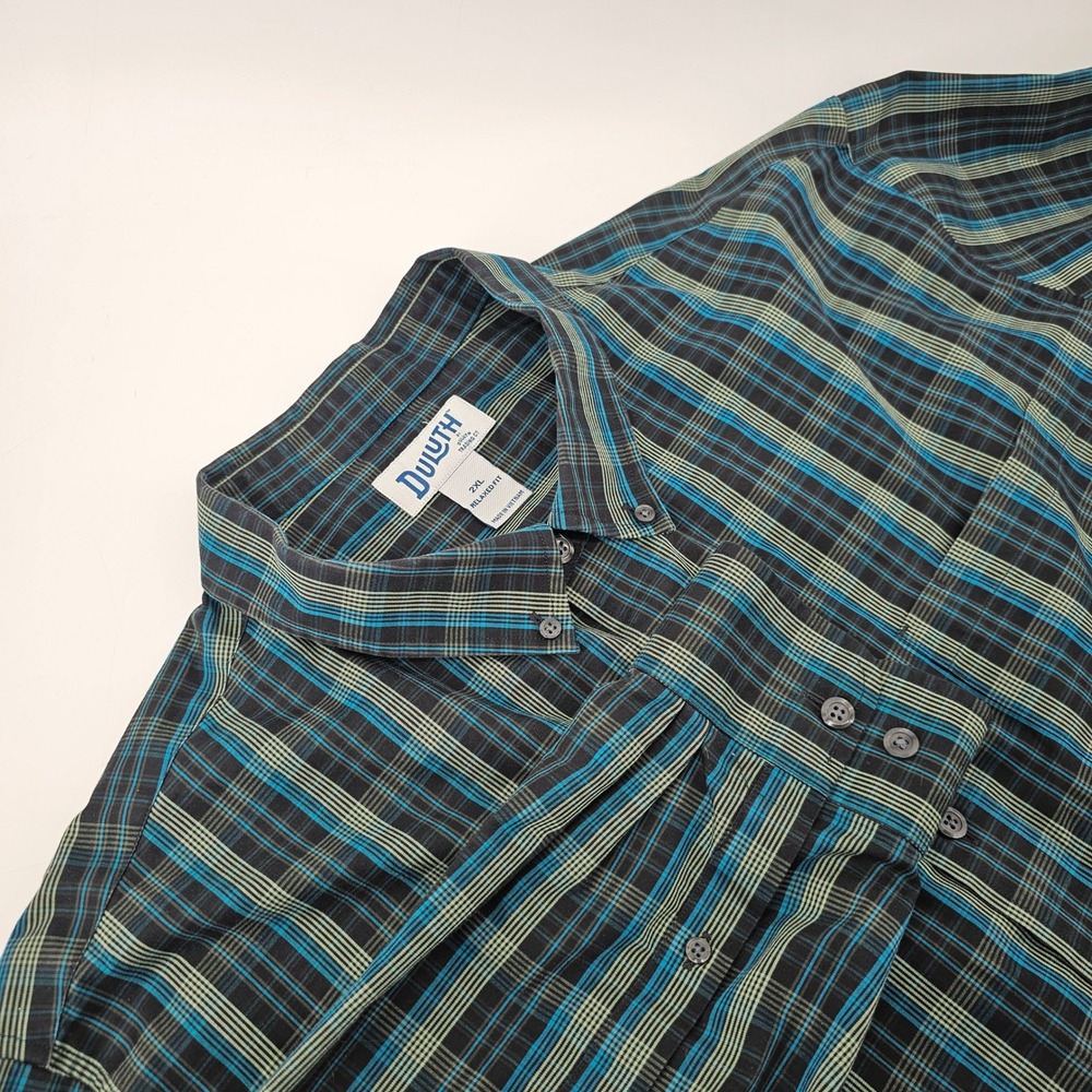 Duluth Trading Co Plaid Shirt Mens 2XL Blue Green Relaxed Fit Long Sleeve Cotton